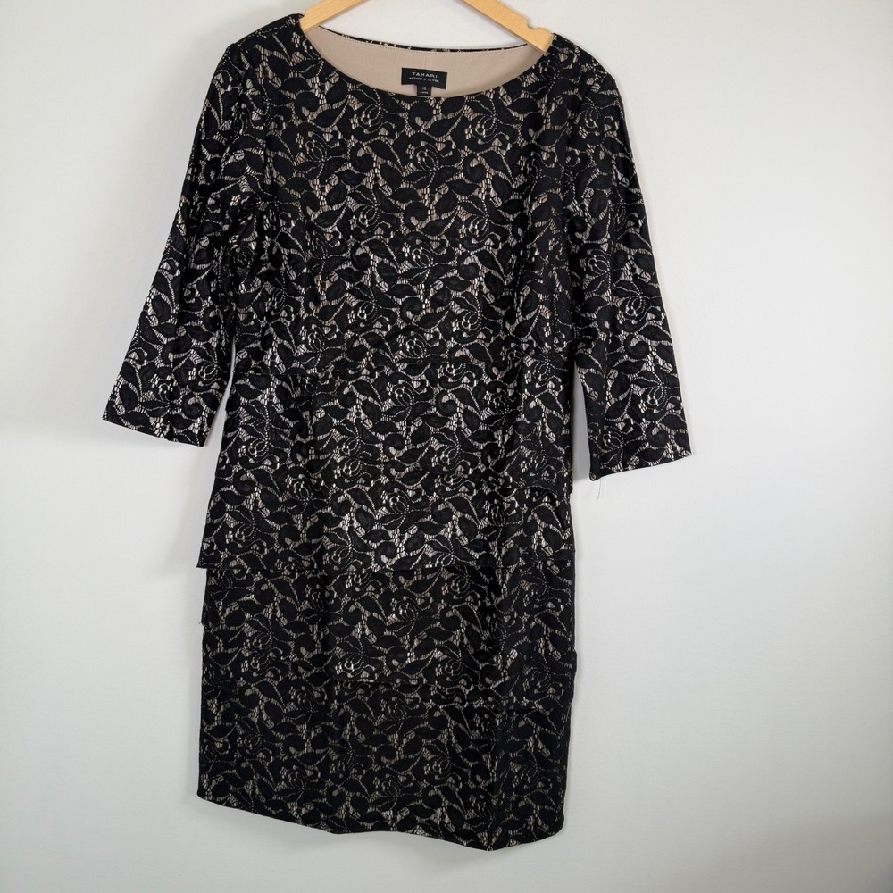 Tahari Arthur S Levine Lace Tiered Sheath Dress Size 12 Floral 3/4 Sleeve